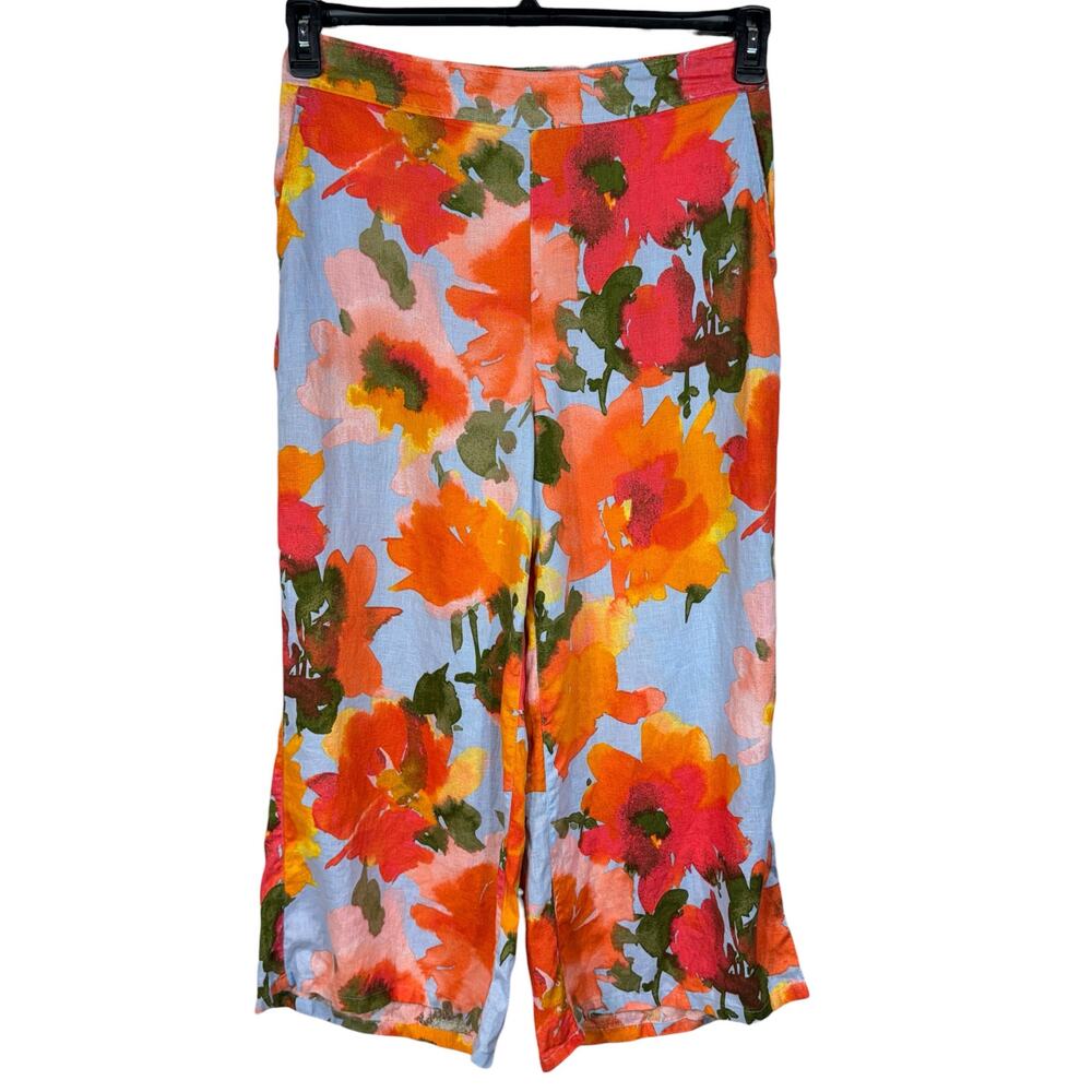 Joie Large Wide Leg Cropped Linen Pants Floral Pull-On Pockets Flat Front Multi